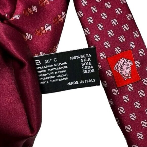 VERSACE Men's 100% Silk Necktie LUXURY Tie XL Burgundy Monogram Logo W:3.5" EUC - Picture 4 of 7